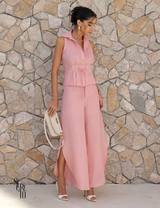 Conjunto Camisa e Calça Linho Detalhes Prega e Fenda Lateral Cinthia Rosa