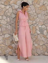 Conjunto Camisa e Calça Linho Detalhes Prega e Fenda Lateral Cinthia Rosa