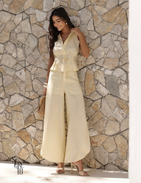 Conjunto Camisa e Calça Linho Detalhes Prega e Fenda Lateral Cinthia Manteiga