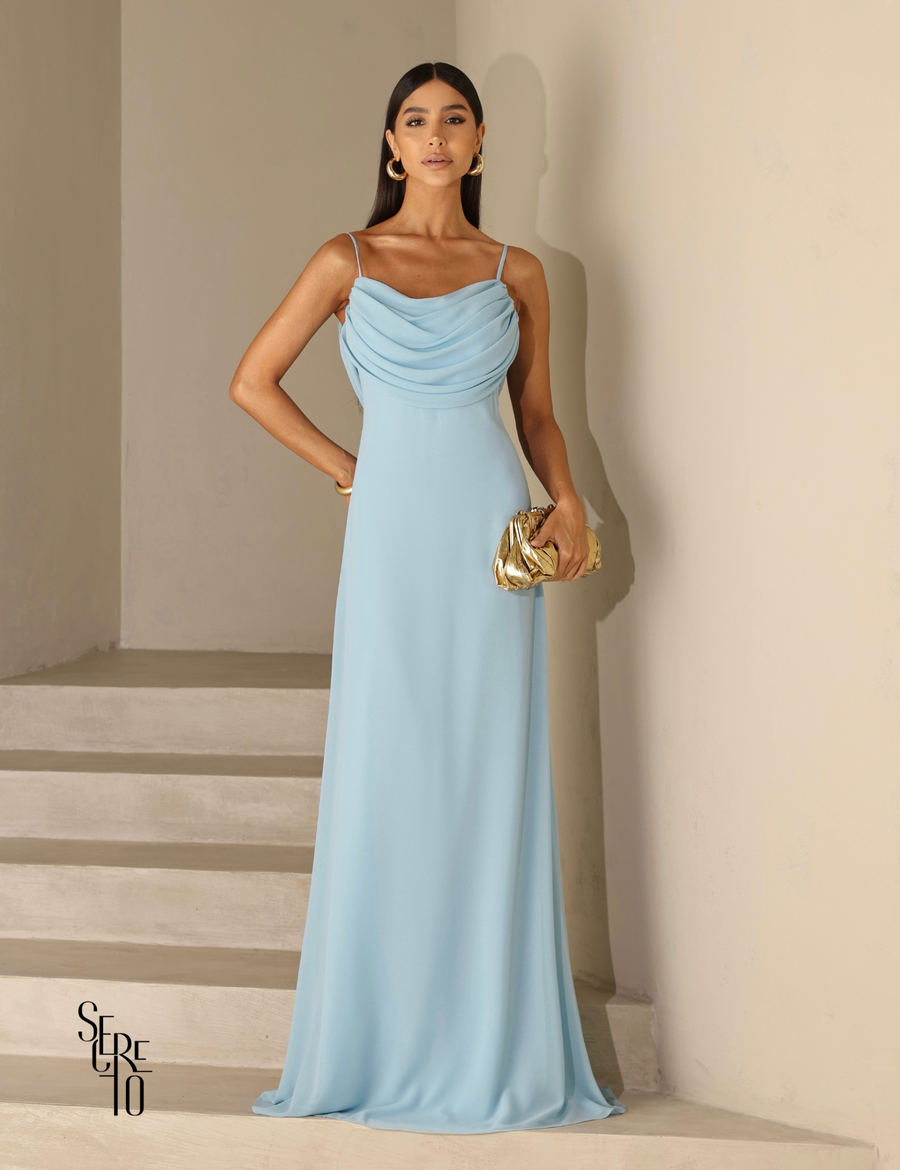 Vestido Longo Drapeado Busto e Costas Camila Azul Serenity