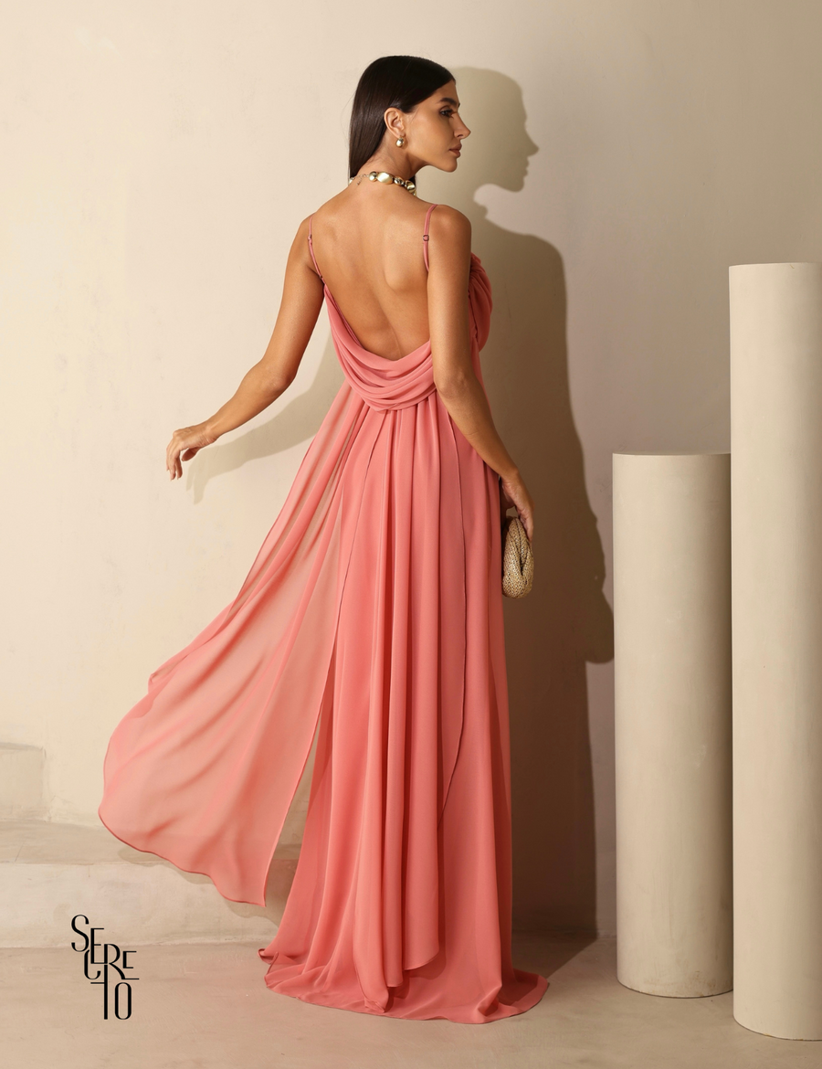 Vestido Longo Drapeado Busto e Costas Camila Rosê Pó