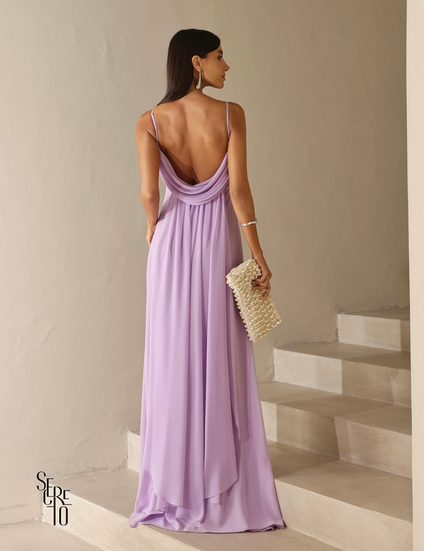 Vestido Longo Drapeado Busto e Costas Camila Lilás