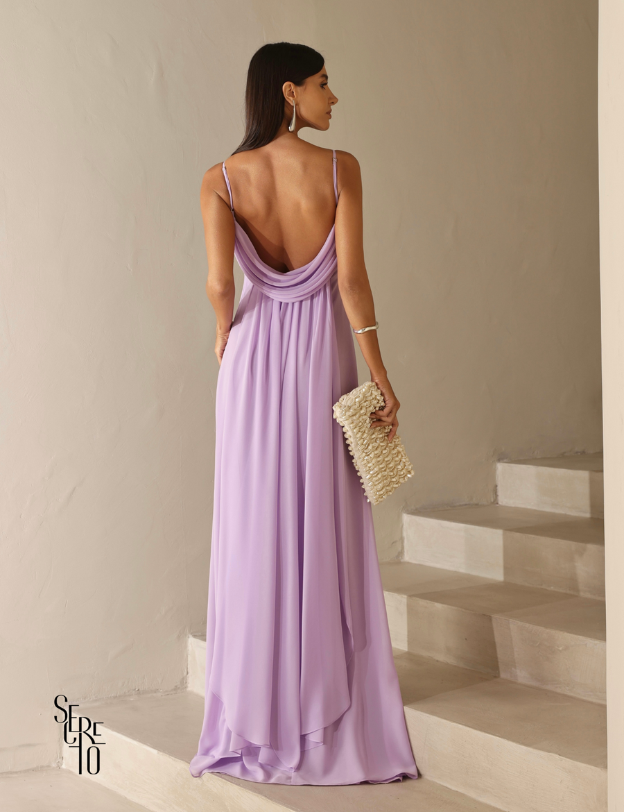 Vestido Longo Drapeado Busto e Costas Camila Lilás