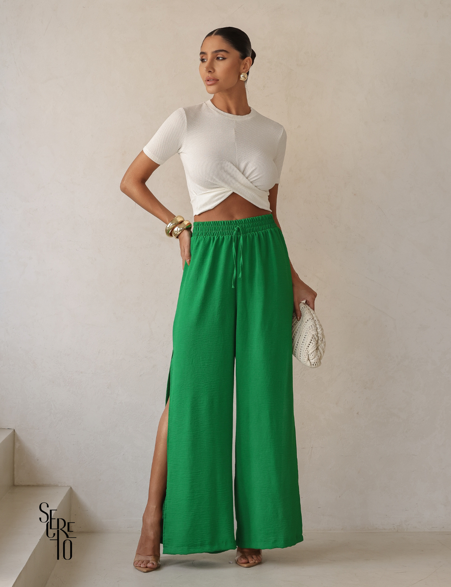 Calça Pantalona com Fenda Lateral Kelly Verde