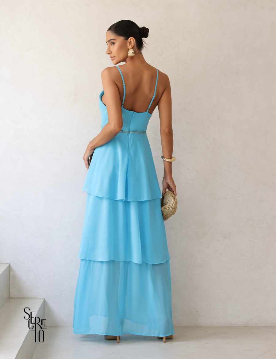 Vestido Longo com Camadas e Alças Finas Agnes Azul