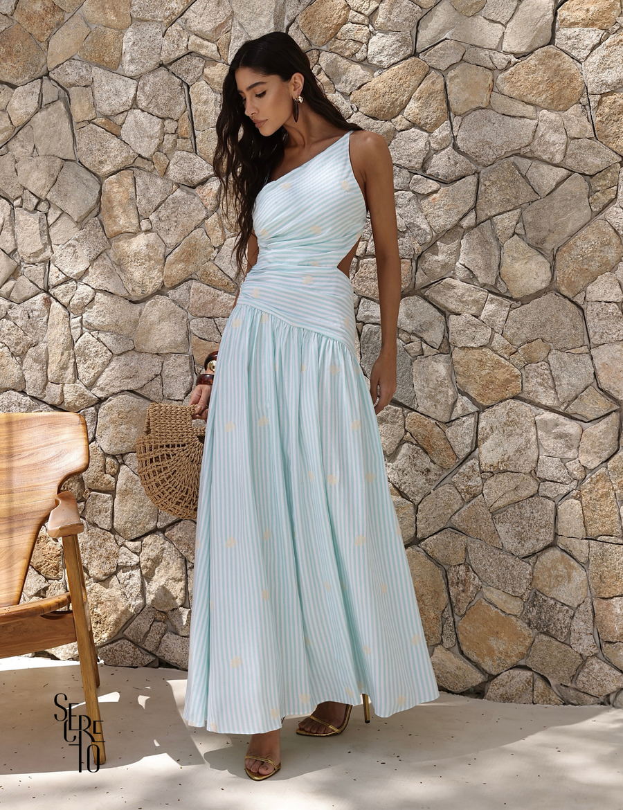 Vestido Longo Listrado Recortes Amarração Jaque Verde Menta