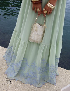 Vestido Longo Bordado Laço Costas Lariza Verde Menta