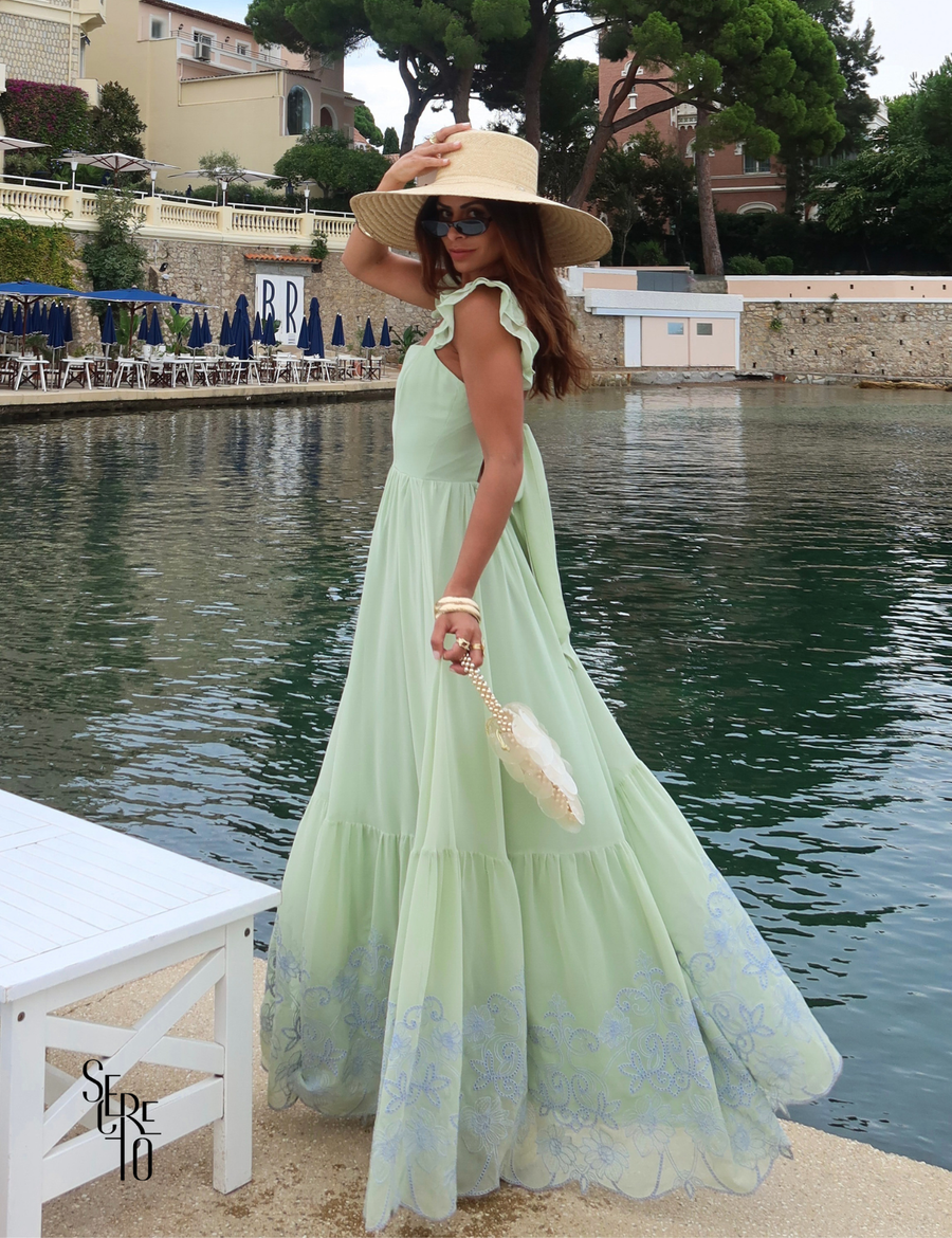 Vestido Longo Bordado Laço Costas Lariza Verde Menta