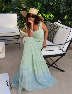 Vestido Longo Bordado Laço Costas Lariza Verde Menta
