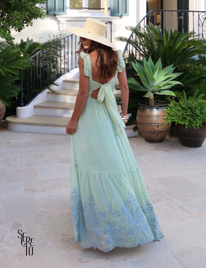 Vestido Longo Bordado Laço Costas Lariza Verde Menta
