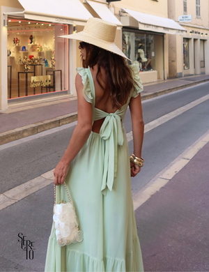 Vestido Longo Bordado Laço Costas Lariza Verde Menta