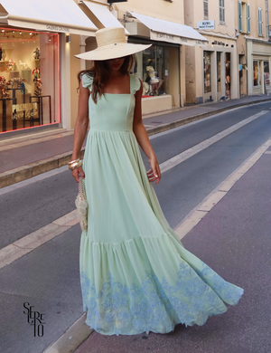 Vestido Longo Bordado Laço Costas Lariza Verde Menta