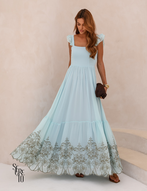 Vestido Longo Bordado Laço Costas Lariza Azul Serenity