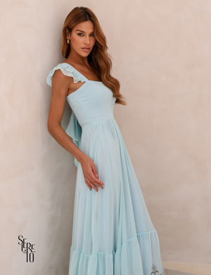 Vestido Longo Bordado Laço Costas Lariza Azul Serenity