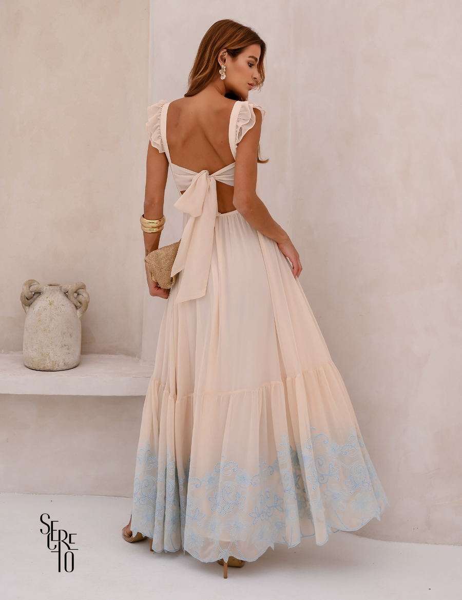 Vestido Longo Bordado Laço Costas Lariza Bege
