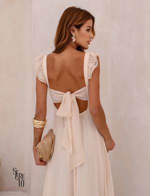Vestido Longo Bordado Laço Costas Lariza Bege