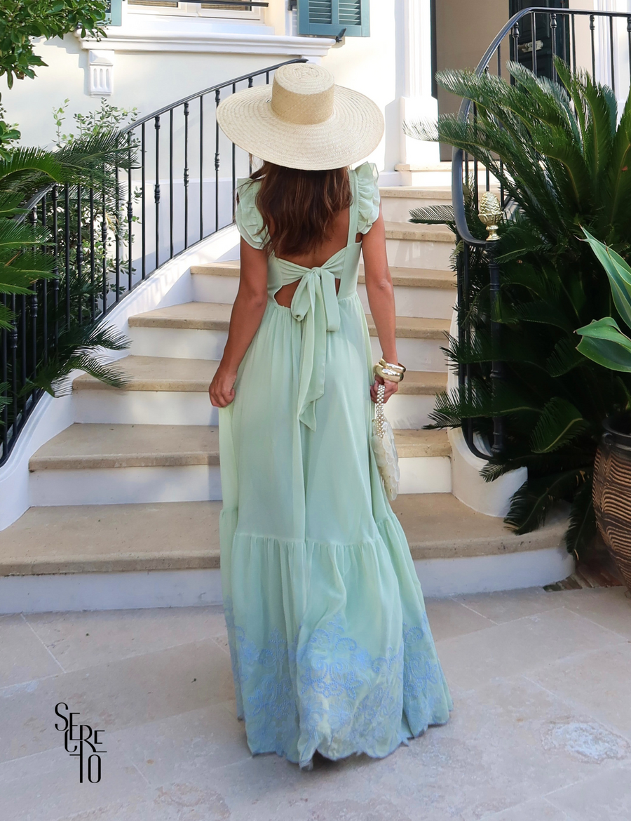 Vestido Longo Bordado Laço Costas Lariza Verde Menta