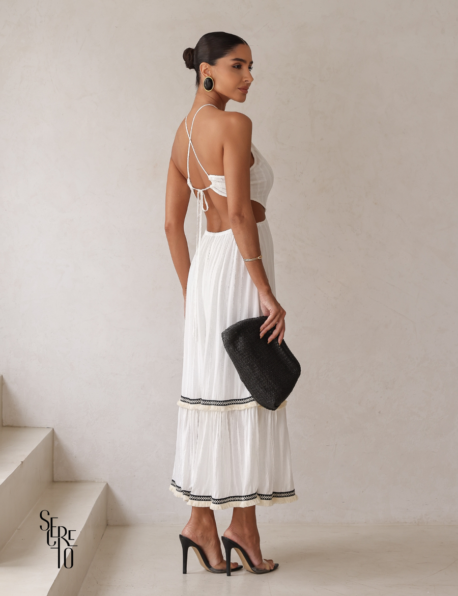 Vestido Midi Halter Recortes Laterais Detalhe Faixa Nila Off White