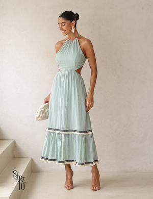 Vestido Midi Halter Recortes Laterais Detalhe Faixa Nila Verde