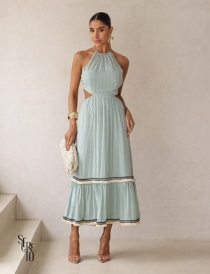 Vestido Midi Halter Recortes Laterais Detalhe Faixa Nila Verde