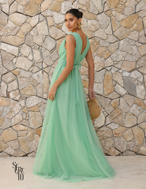 Vestido Longo de Tule Decote V Thaili Verde Menta