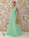 Vestido Longo de Tule Decote V Thaili Verde Menta
