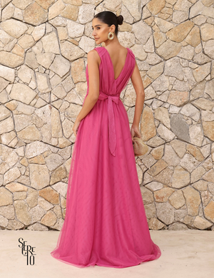 Vestido Longo de Tule Decote V Thaili Pink