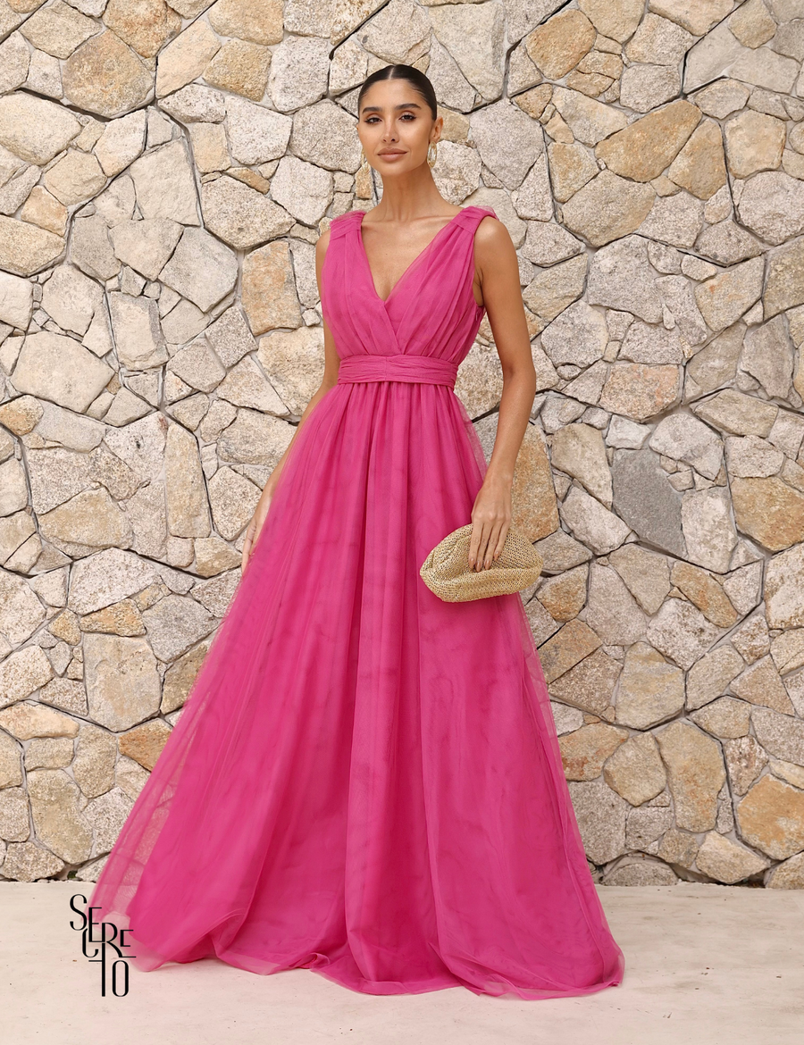 Vestido Longo de Tule Decote V Thaili Pink
