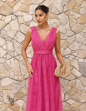 Vestido Longo de Tule Decote V Thaili Pink