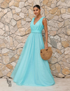 Vestido Longo de Tule Decote V Thaili Azul Serenity