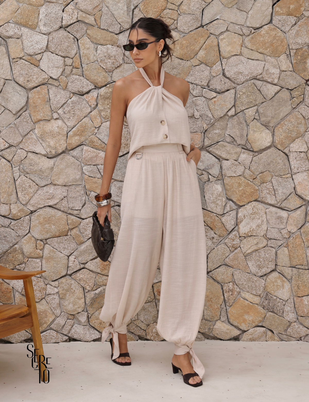 Conjunto Blusa e Calça Visco Veve Areia