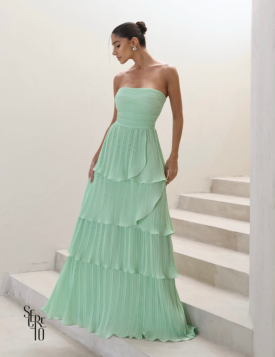 Vestido Longo TQC Plissado Camadas Lilla Verde Menta