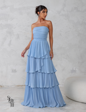 Vestido Longo TQC Plissado Camadas Lilla Azul Serenity