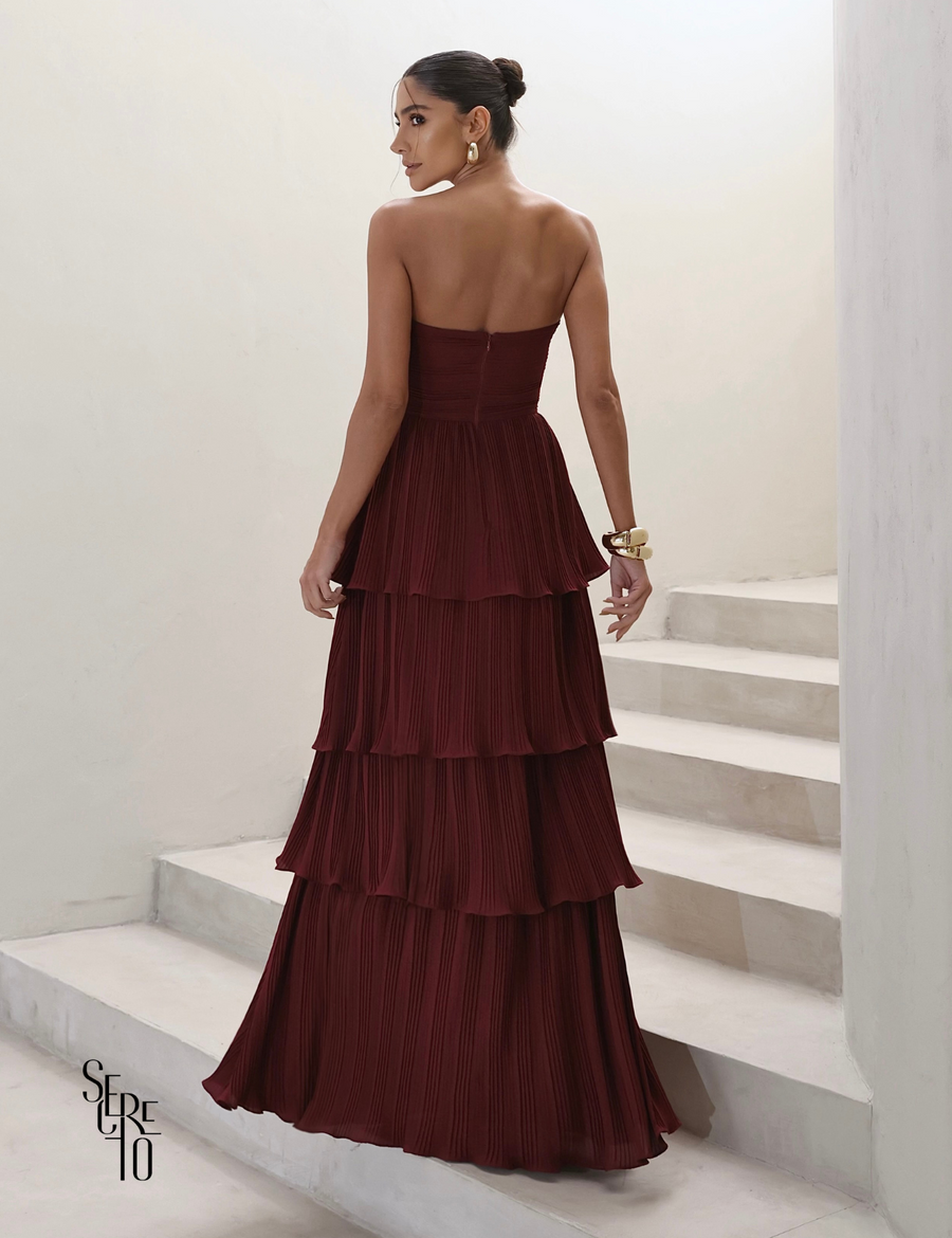 Vestido Longo TQC Plissado Camadas Lilla Vinho