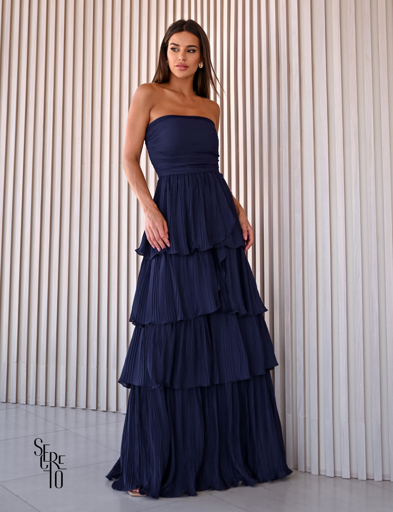 Vestido Longo TQC Plissado Camadas Lilla Azul Noite