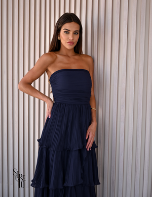 Vestido Longo TQC Plissado Camadas Lilla Azul Noite