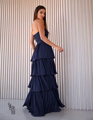 Vestido Longo TQC Plissado Camadas Lilla Azul Noite