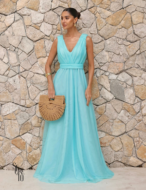 Vestido Longo de Tule Decote V Thaili Azul Serenity