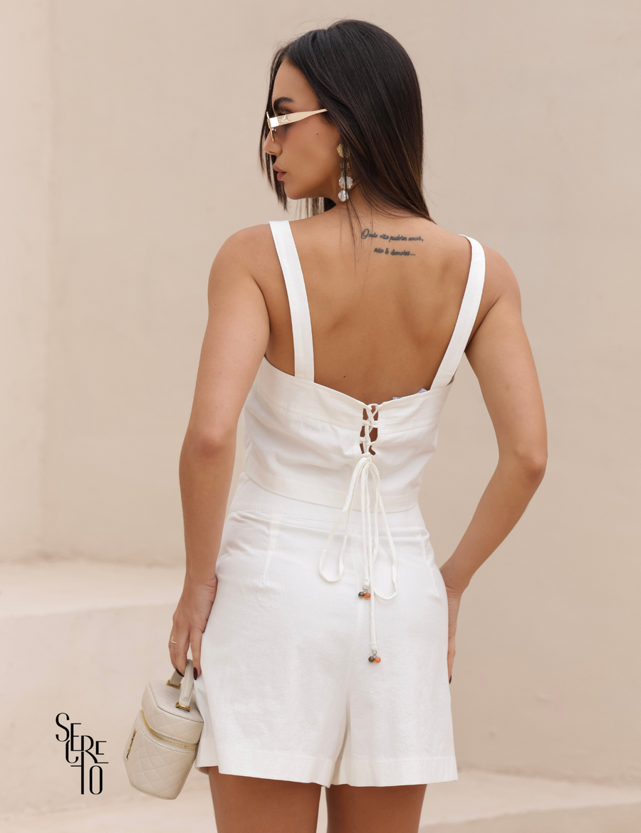 Conjunto Cropped e Short Linho Lari Branco