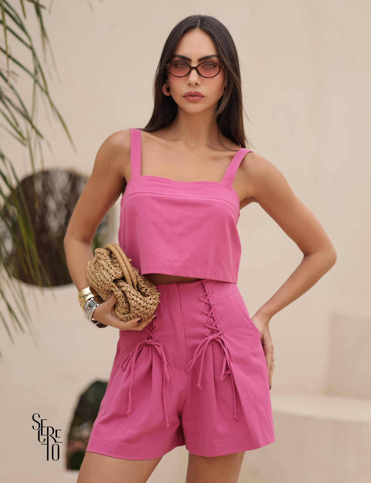 Conjunto Cropped e Short Linho Lari Rosa