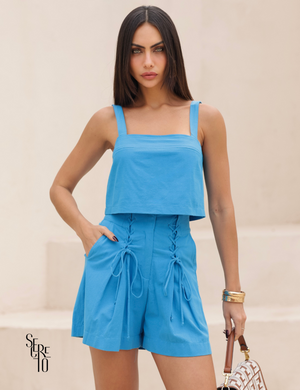 Conjunto Cropped e Short Linho Lari Azul