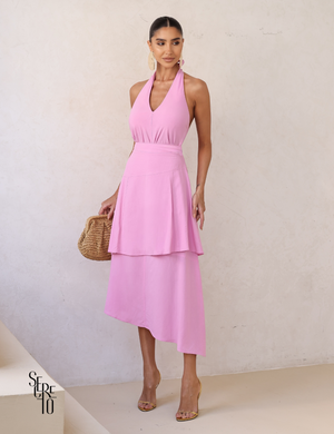 Conjunto Blusa e Saia Midi Assimétrica Maia Rosa Chiclé