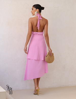 Conjunto Blusa e Saia Midi Assimétrica Maia Rosa Chiclé