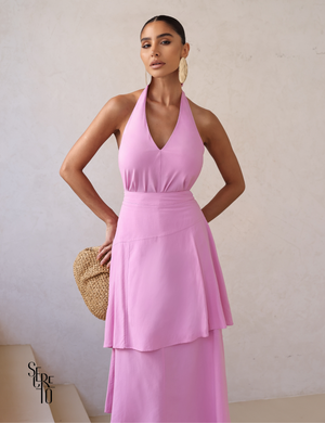 Conjunto Blusa e Saia Midi Assimétrica Maia Rosa Chiclé