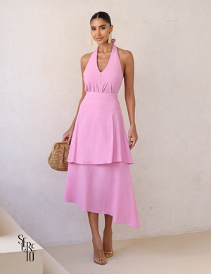Conjunto Blusa e Saia Midi Assimétrica Maia Rosa Chiclé