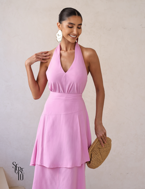 Conjunto Blusa e Saia Midi Assimétrica Maia Rosa Chiclé