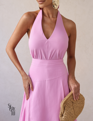 Conjunto Blusa e Saia Midi Assimétrica Maia Rosa Chiclé