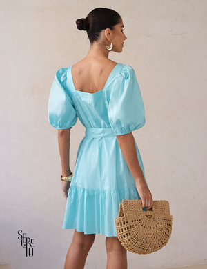 Vestido Curto Manga Bufante com Faixa Cristal Azul