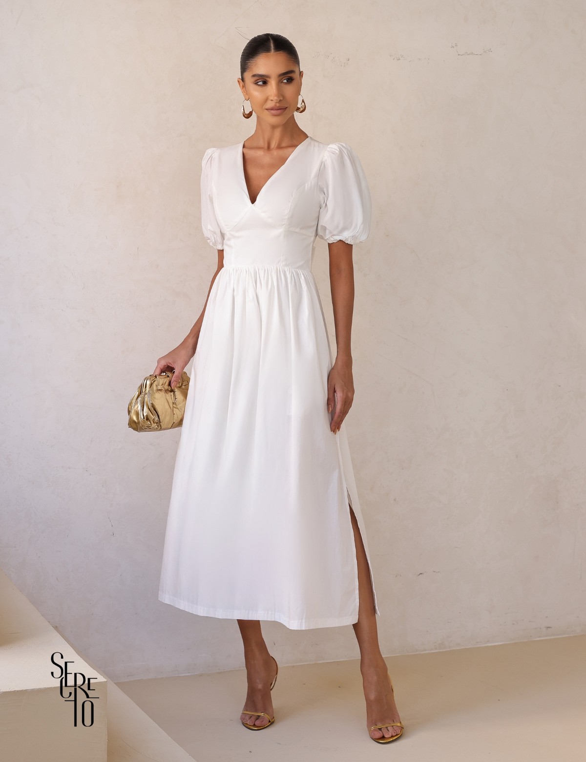 Vestido Midi Laço nas Costas e Manga Bufante Raphaela Branco