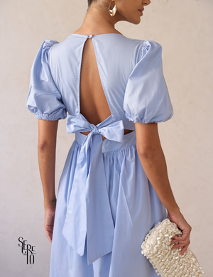 Vestido Midi Laço nas Costas e Manga Bufante Raphaela Azul